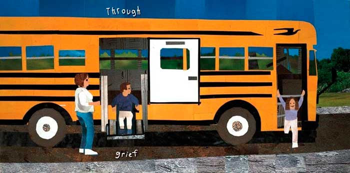 from the book an illustration of a young man in a wheelchair coming of a bus lift.